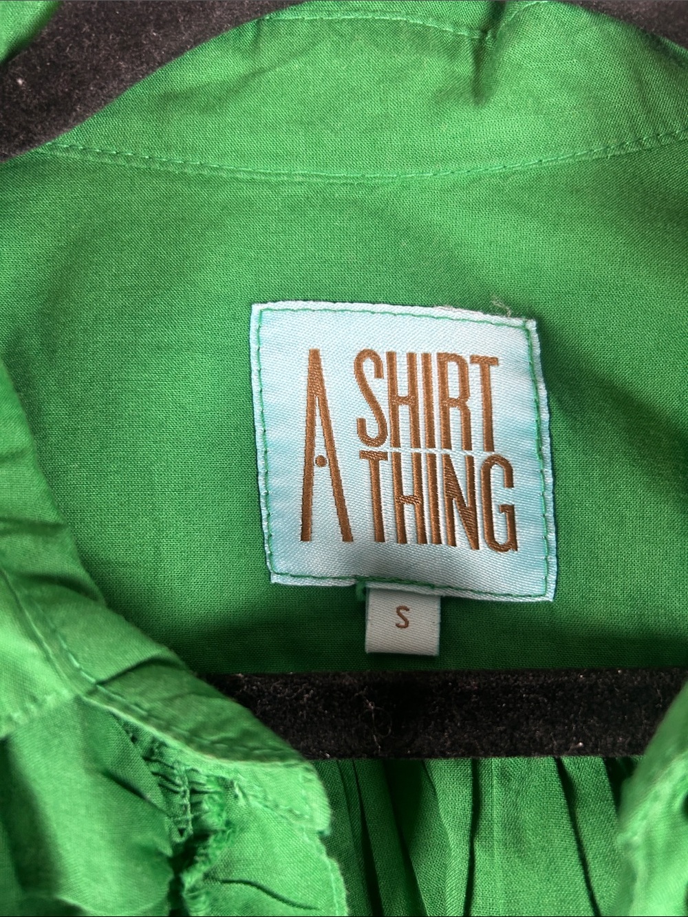 A Shirt Thing Relaxed Flowy Style Frayed Ruffles Green Cotton Top Size S - Picture 4 of 15